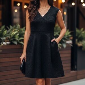 ZARA Black Jacquard V-Neck Mini Dress with Pockets - M